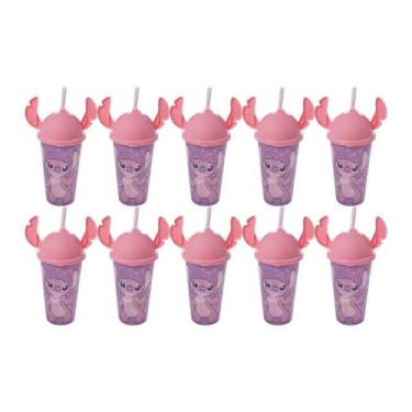Imagem de Kit 10 Copos Stitch e Angel 500ml Com Tampa Ludica Canudo Orelhinha pa