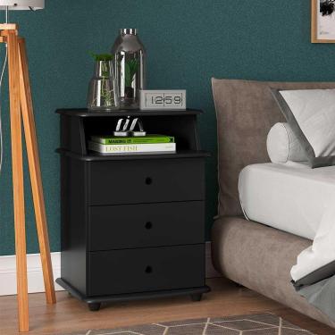 Imagem de Mesa De Cabeceira 3 Gavetas Com Nicho Preta Para Quarto Preto