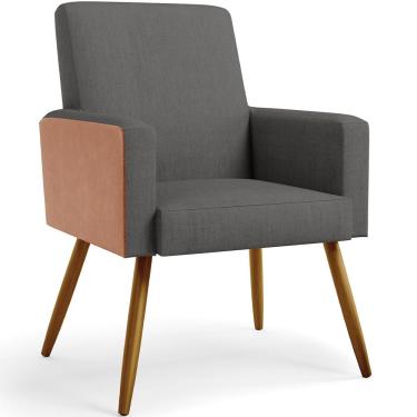 Imagem de Poltrona Decorativa Maria W01 Pés Palito Linho Cinza Escuro Couríssimo Camel - Lyam Decor