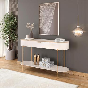 Imagem de Aparador Decorativo Amanda 1 Gaveta e 1 Prateleira Pés Metálicos Dourados Off White G18 - Gran Belo
