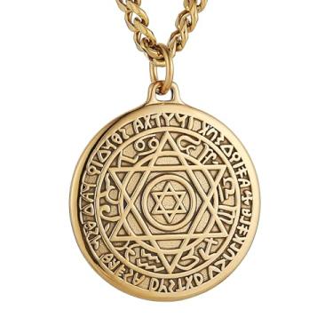Imagem de HZMAN Colar masculino com selo de Salomão hexagrama retrô de aço inoxidável, estrela de Davi, pingente de talismã, joia de presente, Aço inoxidável, Sem Pedra Preciosa
