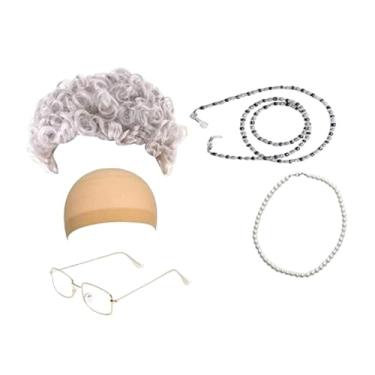 Imagem de Fiocias Fantasia de Vovó, Peruca de Vovó, Fácil de Usar, Colar Realista, Touca de Peruca, óculos de Vovó para Baile de Máscaras, Festa, Cabelo Cacheado Prateado