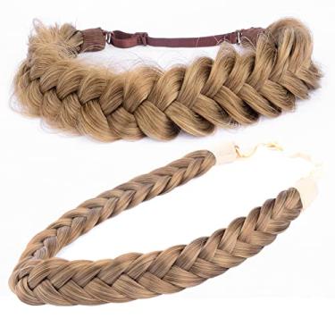 Imagem de DIGUAN 2 peças de cabelo sintético rabo de peixe largo desarrumado feito à mão trançado elástico macio para mulheres (loiro caramelo, ampla bagunça + faixa de cabeça normal)