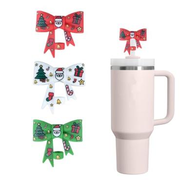 Imagem de AXMCCH Capa de palha de Natal para copo Stanley de 10 mm 1 cm em forma de laço de silicone para copo Stanley de 850 g e 1,134 g (3 peças branco vermelho verde)