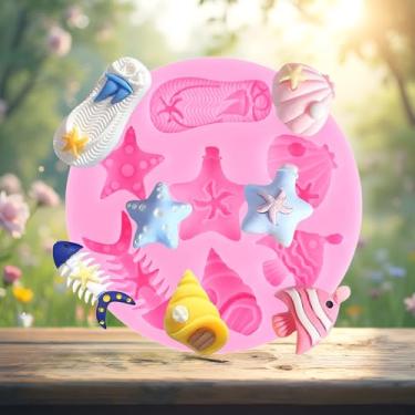 Imagem de Chinelos Estrela do Mar Conchas Ossos de Peixe Peixe Dourado Tema Mar Oceano Férias Molde de Silicone para Decoração de Bolos Topo de Cupcake Doces Chocolate Goma Pasta de Argila Polímero