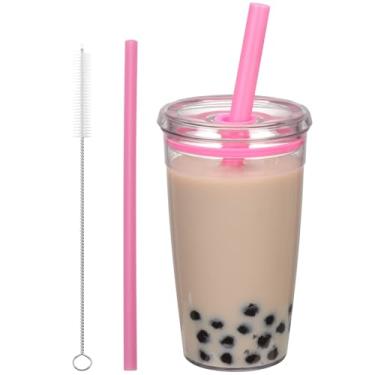 Imagem de ASANMEYO Copo de plástico Tritan com tampa e canudo, 473 ml, copos de café gelado com isolamento premium, copos de plástico reutilizáveis com tampa e canudo, rosa