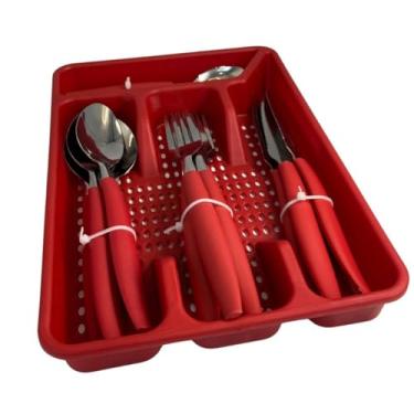 Imagem de Conjunto de Talheres 17 Peças com Porta-Talheres, Aço Inox e Plástico Vermelho, 4 Colheres Mesa 19cm, 4 Garfos 20cm, 4 Facas 22cm, 4 Colheres Sobremesa 14.5cm