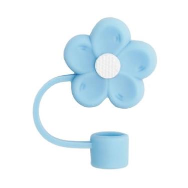Imagem de Tampa de pó para beber com alça capas de canudo de silicone criativas acessórios de copo em forma de flor pontas de palha (azul)