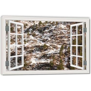 Imagem de Tela de janela falsa Snowy Road Up The MountainSpace-Saving, arte de parede cênica realista para quarto, casa, 39,9 x 59,9 cm emoldurada