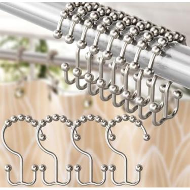 Imagem de Conjunto de 12 ganchos de cortina de chuveiro, ganchos de cortina de chuveiro deslizantes duplos de metal resistente à ferrugem para varões de chuveiro de banheiro, bolas de rolo lisas, níquel fosco
