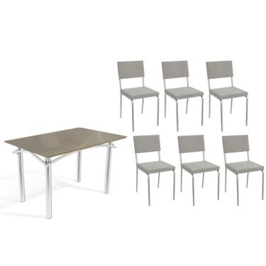 Imagem de Sala de Jantar Completa Elba Tampo Madeirado c/ Vidro 120cm e 6 Cadeiras Zaria Cromada/Freijo Bronze - Boucle Cinza - Kappesberg