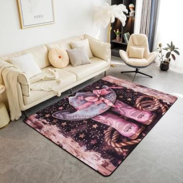 Imagem de Tapete de área de vaqueira ocidental, 9,5 x 1,5 m, botas tribais de caubói, chapéu com laço de princesa, tapete antiderrapante para crianças e adultos, tapete decorativo rústico vintage rosa preto