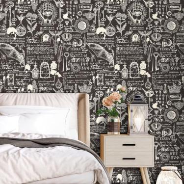 Imagem de iPaste Papel de parede gótico Witchy Alchemy Papel de parede Peel and Stick Símbolos ocultos esotéricos escuros papel de parede de caveira celestial para armários de quarto papel de contato