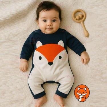 Imagem de Macacão de Bebê Vira Pé Raposinha Menino Manga Longa Tam RN a 03 Meses