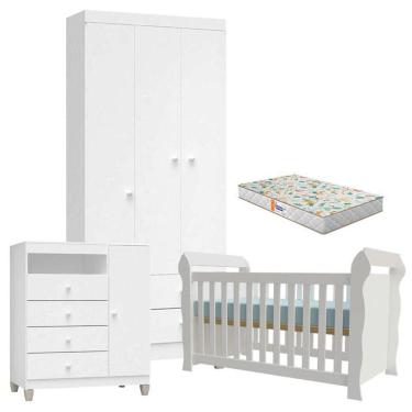 Imagem de Quarto De Bebê 3 Portas Ternura Baby Com Berço Lara Branco Brilho Com Colchão Gazin - Incorplac