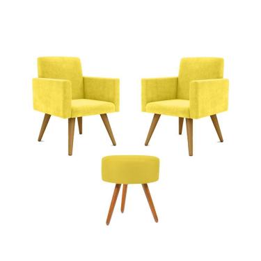 Imagem de Kit 02 Poltronas Decorativas + Puff Decorativo Redondo Sala Cor:amarelo