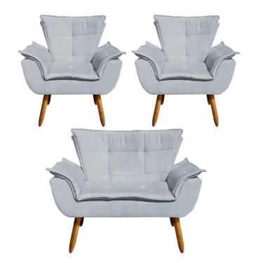 Imagem de Kit Namoradeira 2 Lugares E 2 Poltronas Decorativas Pés Palito Opla Suede Cinza - Ibiza