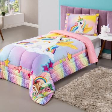 Imagem de Kit Edredom Plush Fofinho Infantil Dupla Face Dream 2 Peças Solteiro - Unicórnio