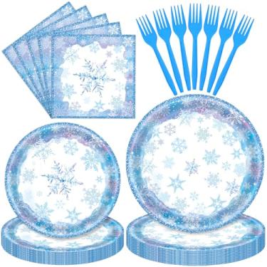 Imagem de Conjunto de utensílios de mesa de inverno com 96 peças de floco de neve – pratos, guardanapos e garfos descartáveis azuis para festas de aniversário, jantares de Natal, reuniões de férias e