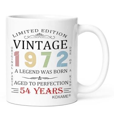 Imagem de KOXAME Presentes de aniversário de 54 anos para mulheres e homens, caneca de café vintage 1972 325 g, presente de aniversário de 1972 para mãe, pai, marido, esposa, papai, avó, amigo, nascido em 1972