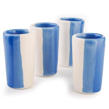 Imagem de MEXTEQUIL Conjunto de copos de tiro de cerâmica artesanal artesanal - atiradores modernos de tequila e mezcal - Presente exclusivo de bar rústico para casa (brisa costeira)