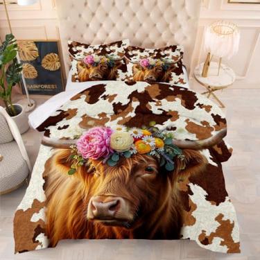 Imagem de Yadangxiawa Conjunto de edredom de vaca Highland para adultos, estampa de vaca com colcha e fronha (Highland-A Full)