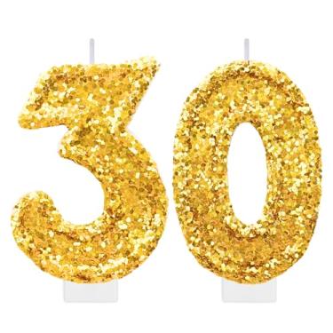 Imagem de Vela dourada de aniversário número 30 para bolo, topo de bolo dourado com glitter, decorações grandes de 30 anos, suprimentos de festa para mulheres e homens, decoração de lembrancinhas de festa de