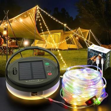Imagem de Cordão de luzes solares para acampamento de 8 m, luzes recarregáveis com 8 modos, luzes externas à prova d'água com fecho de atraso, design retrátil e ganchos para toldo de pátio ao ar livre, itens
