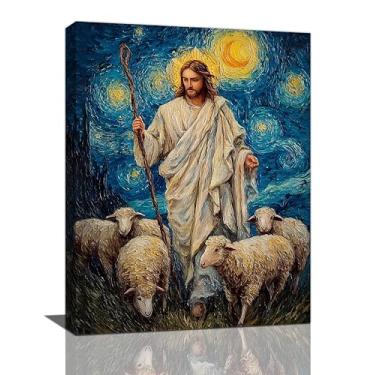 Imagem de Jesus e cordeiros decoração de parede religiosa cristã arte de parede Jesus Cristo o bom pastor pintura Deus emoldurado arte decoração pôster para sala de estar quarto banheiro escritório 30,5 x 40,6