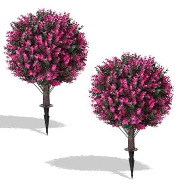 Imagem de EverNature Árvores de bola de topiária de eucalipto rosa artificial, 2 conjuntos de arbustos perenes falsos resistentes a UV com ponta de solo, plantas falsas para varanda e jardim ao ar livre