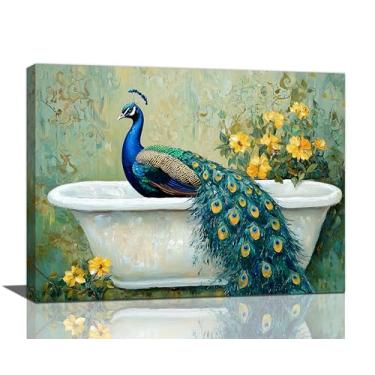 Imagem de Arte de parede pavão casa de fazenda verde pavão banheiro decoração de parede floral flor lona pôster imagens moldura decoração de casa impressão pintura arte para quarto sala de estar banheiro 40,6