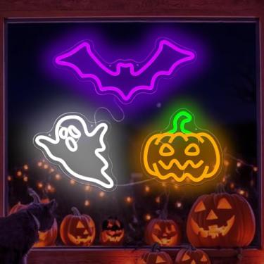 Imagem de hhuohuona Sinal neon de Halloween, 3 peças, regulável, abóbora, morcego, fantasma, letreiro de LED, luzes de janela de Halloween, decorações de festa de Halloween, laranja, abóbora, branco, fantasma