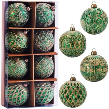 Imagem de Enfeites de bola de Natal vintage de 8 cm, conjunto de enfeites de Natal envelhecidos rústicos verdes e dourados, decorações de árvore em estilo de fazenda à prova de estilhaçamento para decoração de