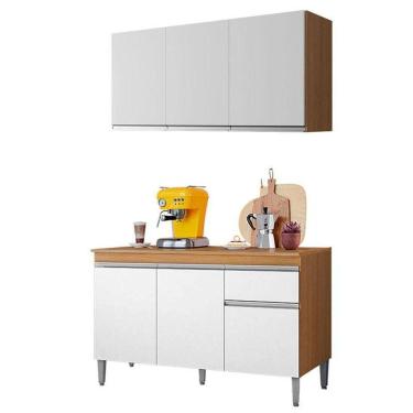 Imagem de Balcão De Cozinha Tatiane Com Tampo 120cm E Armário Aéreo Andréia 3 Portas Amêndoa Branco - Ajl