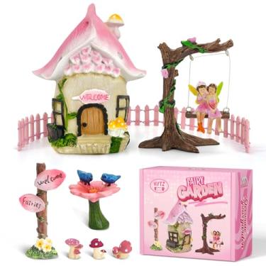 Imagem de DONABELA Kit de decoração de jardim de fadas em miniatura de resina rosa conjunto de estatuetas de casa sinal direcional pássaro bebendo cerca de piscina pequeno cogumelo ao ar livre acessórios