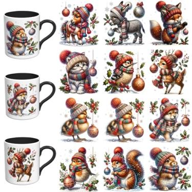 Imagem de Adesivos DTF UV de Natal - 12 folhas de Natal animais sino UV DTF copo envoltório para canecas de vidro café, decalques DIY para copos, esfregar à prova d'água em transferências para artesanato