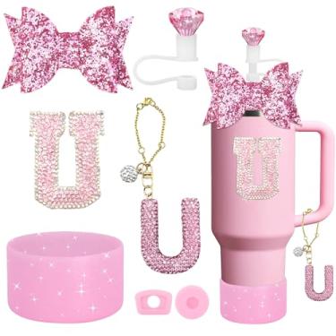 Imagem de YesMvpMvp Conjunto de acessórios de copo Stanley de 7 peças, pingente de letra para copos Stanley, incluindo canudo de diamante, canudo de laço, bota de silicone brilhante para Owala 850 g e 1,134 g