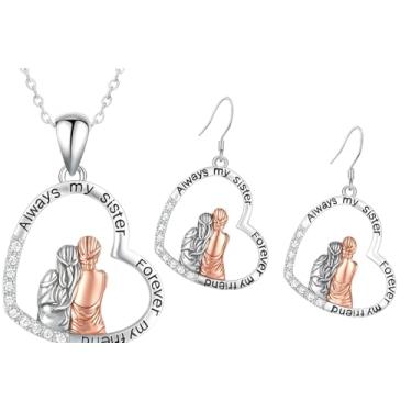 Imagem de Conjunto de colar com pingente de coração Sister Love, 3 peças, um colar com dois brincos - Joias banhadas a ouro branco para mulheres - "Always my sister, Forever my friend" - Presente ideal de