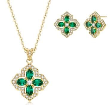 Imagem de VONSSY Colar de trevo de quatro folhas, brincos trevo irlandês ST Patricks conjunto de joias presente verde esmeralda zircão cristal stud banhado a ouro 18 k corrente santa pingente para mulher esposa
