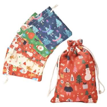 Imagem de Echoed Elegance 10 unidades de sacos de cordão de Natal, 5 estilos de formas mistas, sacos de presente de tecido de algodão para enfeites de lanche de festa, 14 x 10 cm (4 peças/estilo) (10 peças)