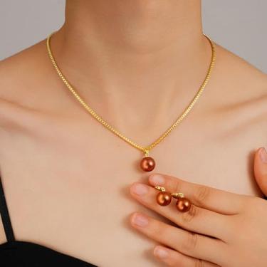 Imagem de Conjunto de colar e brinco de pérola dourada para mulheres - Conjuntos de joias de casamento para noiva, Meduim, Latão, Sem Pedra Preciosa