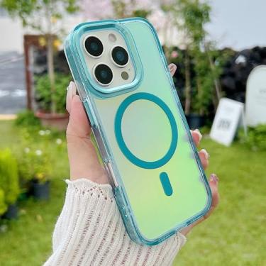 Imagem de Capa magnética a laser com efeito degradê para iPhone 17, 16 Pro, 14, 15 Plus, 13, 12, 11 Pro Max, à prova de choque, com borda reforçada em acrílico, verde, para iPhone 16e