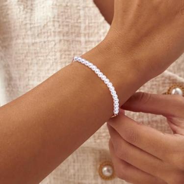 Imagem de Pulseira feminina de corrente delicada de cobre com várias pérolas de 6 mm, joia moderna em camadas com design de charme, perfeita para uso diário, acessório elegante, ouro rosa, One Size, Cobre, Sem