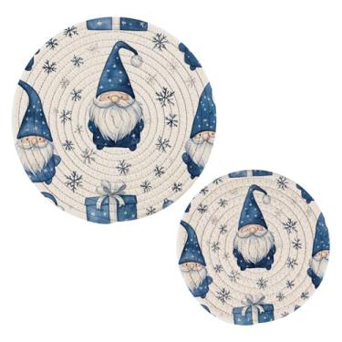 Imagem de Blueangle 2 peças de suporte de panela de trivet de flocos de neve de gnomos em aquarela - conjunto de pegadores de panela de tecido redondo - almofadas quentes trançadas de algodão - porta-copos