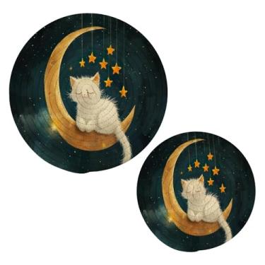 Imagem de Blueangle 2 peças de suporte de panela de gato fofo - conjunto de pegadores de panela de tecido redondo - almofadas quentes trançadas de algodão - porta-copos - tapetes de mesa para cozinhar e assar