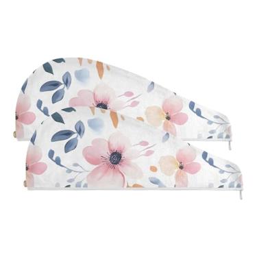 Imagem de SEHANY Toalha de cabelo de microfibra com flores coloridas elegantes para mulheres, 2 peças, turbantes de cabelo de secagem rápida com botão, touca de cabelo seco absorvente, toalha de secagem de