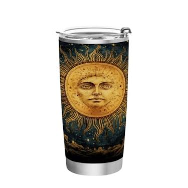 Imagem de Blueangle Copo de 590 ml com tampa e canudo, copo de café com água isolada a vácuo de aço inoxidável, caneca de viagem de sol e lua, copo térmico para bebidas quentes e frias (923)