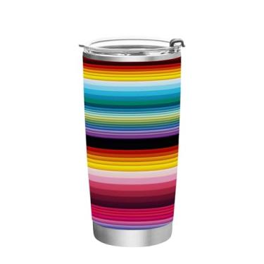 Imagem de Blueangle Copo de 590 ml com tampa e canudo, copo de café com água isolada a vácuo de aço inoxidável, caneca de viagem colorida com listras do México, copo térmico para bebidas quentes e frias (449)