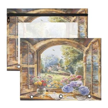 Imagem de SEHANY Pasta de lápis de flores de jardim com 3 anéis – Bolsa para documentos tamanho A4 com janela transparente para sala de aula, escritório, 2 peças