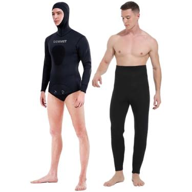 Imagem de Roupa de mergulho masculina de neoprene 7 mm para pesca submarina com capuz, 2 peças de roupa de mergulho de manga comprida com almofada de carregamento no peito para mergulho livre em água fria